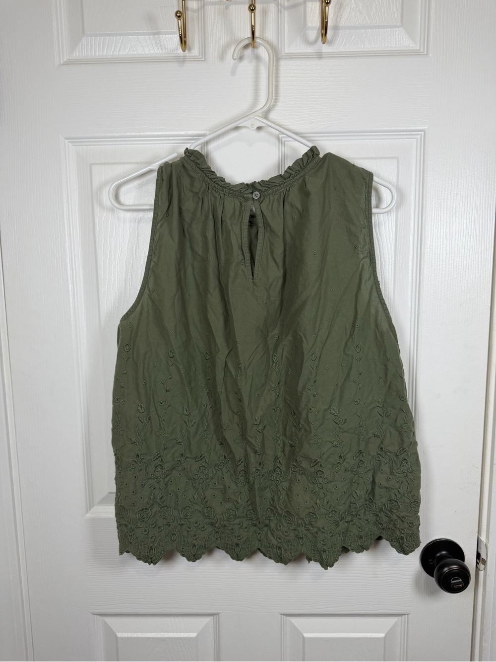 LOFT Olive Green Eyelet Ruffle Neck Tank - Picture 2 of 6